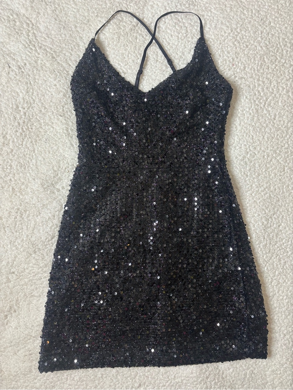 Pink Lily Black Sequin Mini Dress with Crisscross Spaghetti Straps